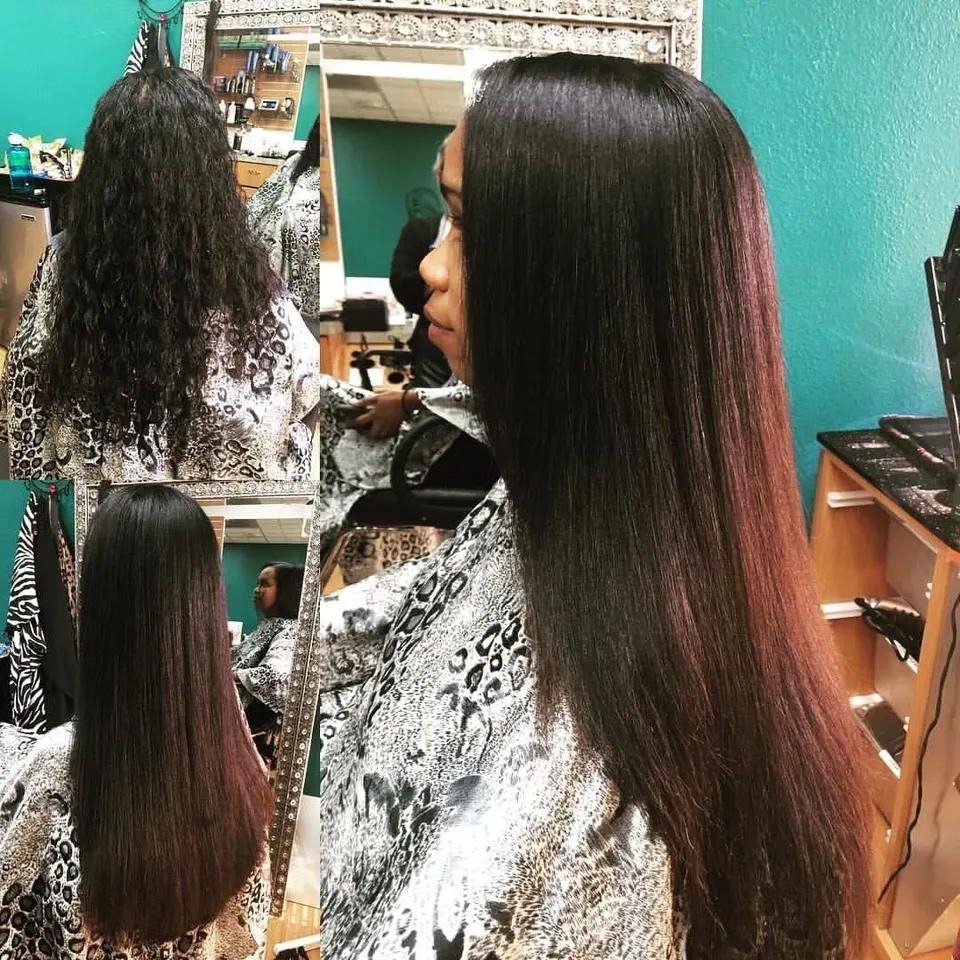 Long sleek straightened dark hair, before (curly) and after