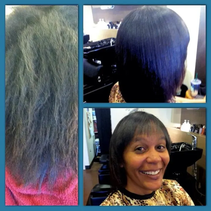 Color-correction before/after collage: damaged blue/green ends to glossy dark blue bob, happy client